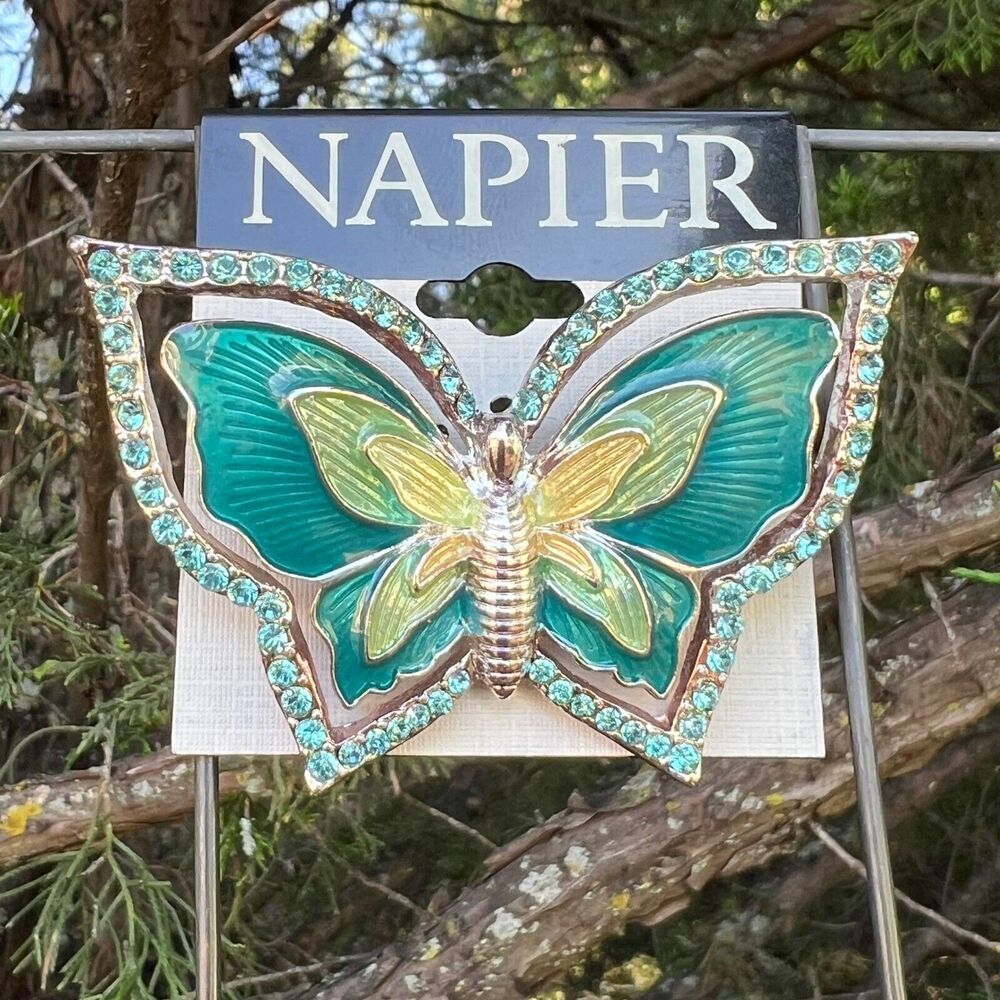 Vintage Napier Brooch Pin Green Butterfly Rhinestones Classic Jewelry - Picture 2 of 14